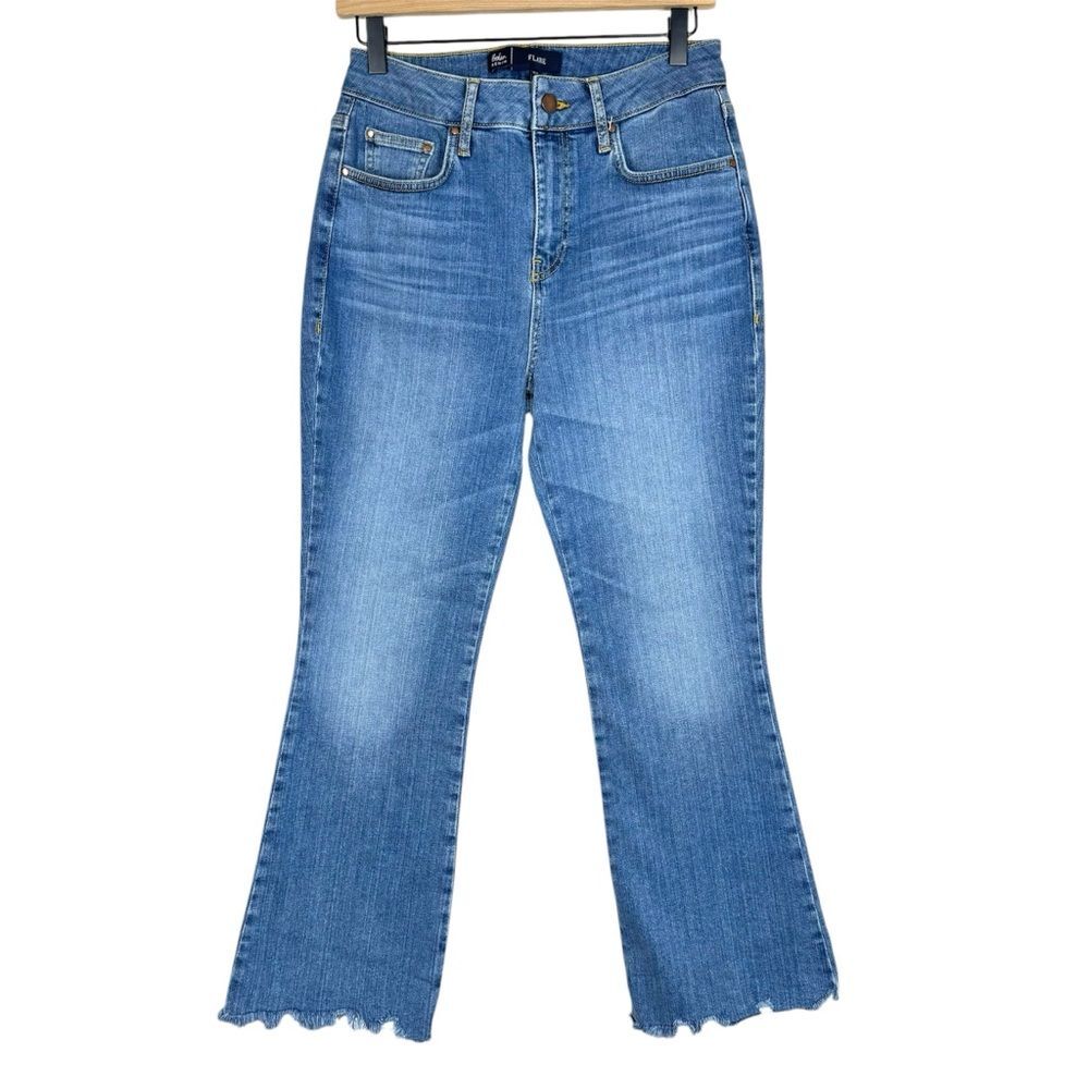 Boden High Rise Medium Wash Flare Jeans Raw Hem Stretch Denim Women’s Size 6